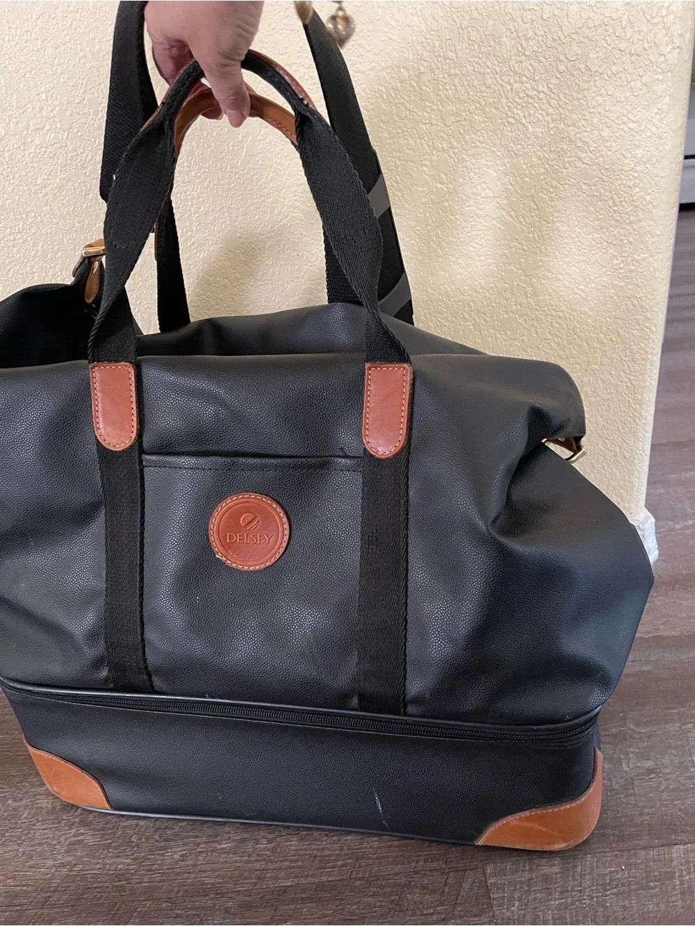 Men's Black Duffel Bag with Brown Trim - Classic Travel Weekender